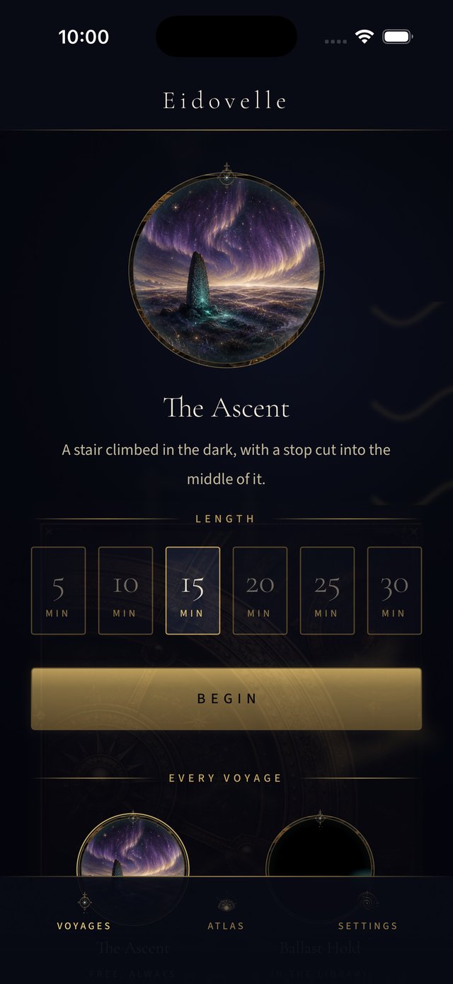 The Eidovelle app: The Ascent held in a brass portal above the length picker and the Begin control.